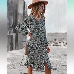Floral Print Midi Button Up V-neck Belted Dress